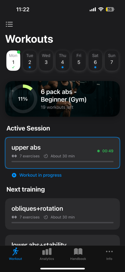 WorkoutNow main workouts screen